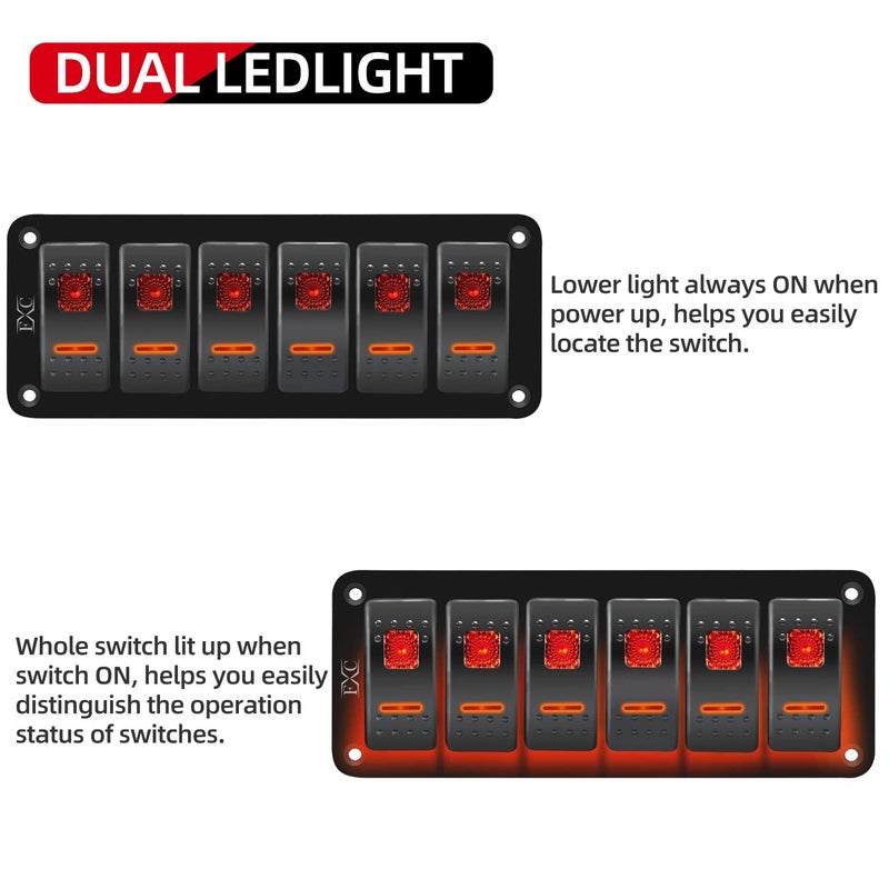 FXC Rocker Switch Aluminum Panel 6 Gang Toggle Switches Dash 5 Pin ON/Off 2 LED Backlit for Boat Car Marine Red - Image 2